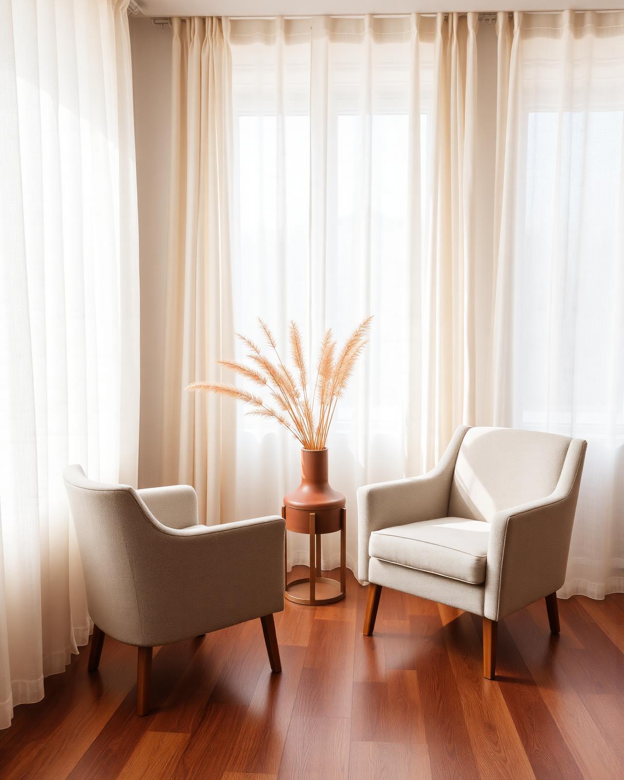 Sunlit consulting room with two soft armchairs and a vase of dried grasses