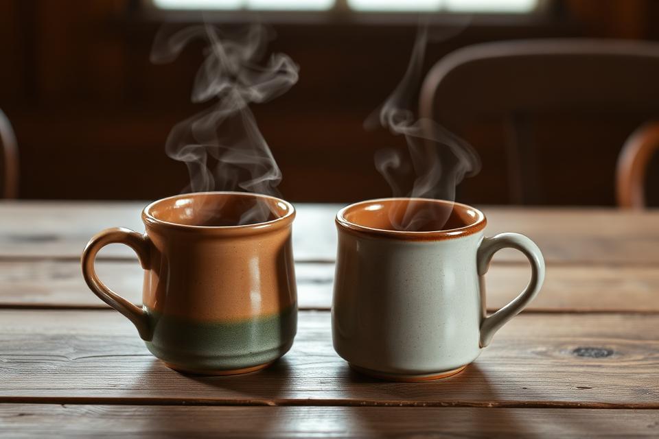 Two ceramic mugs on a wooden table