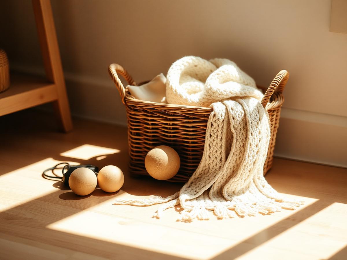 Woven basket with wooden toys and a soft knitted blanket in soft sunlight
