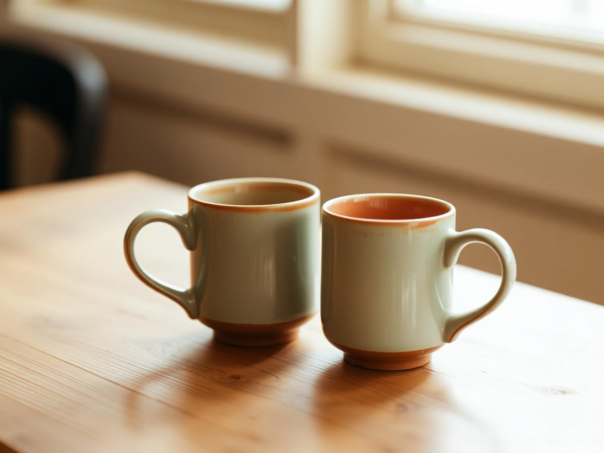 Two ceramic mugs side by side on a sunlit wooden table