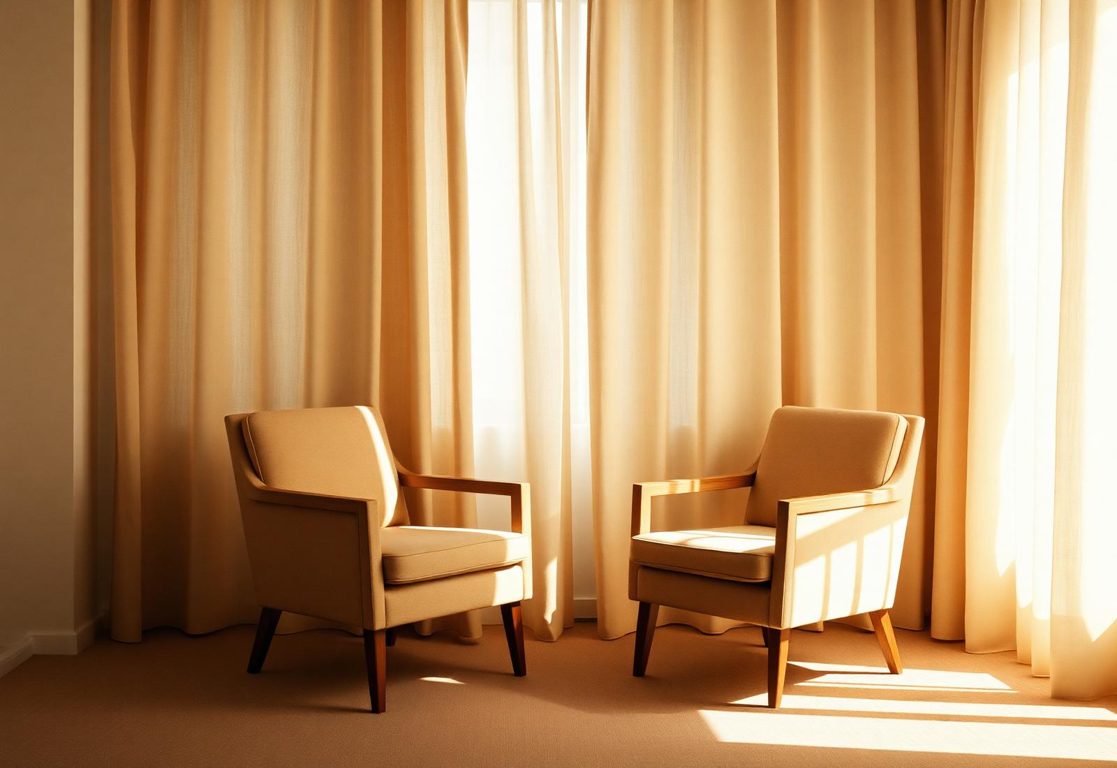 Two armchairs facing each other in a sunlit therapy room with linen curtains