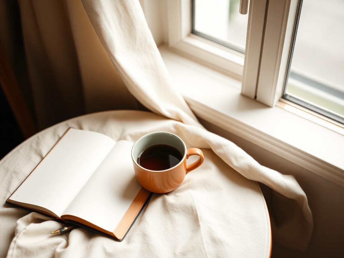 A warm mug of tea on a linen-draped table beside an open notebook