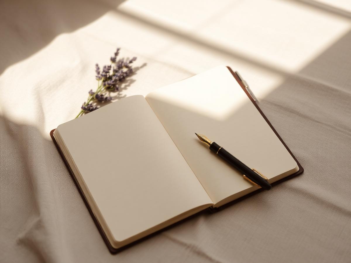 Open notebook with fountain pen and a sprig of dried lavender